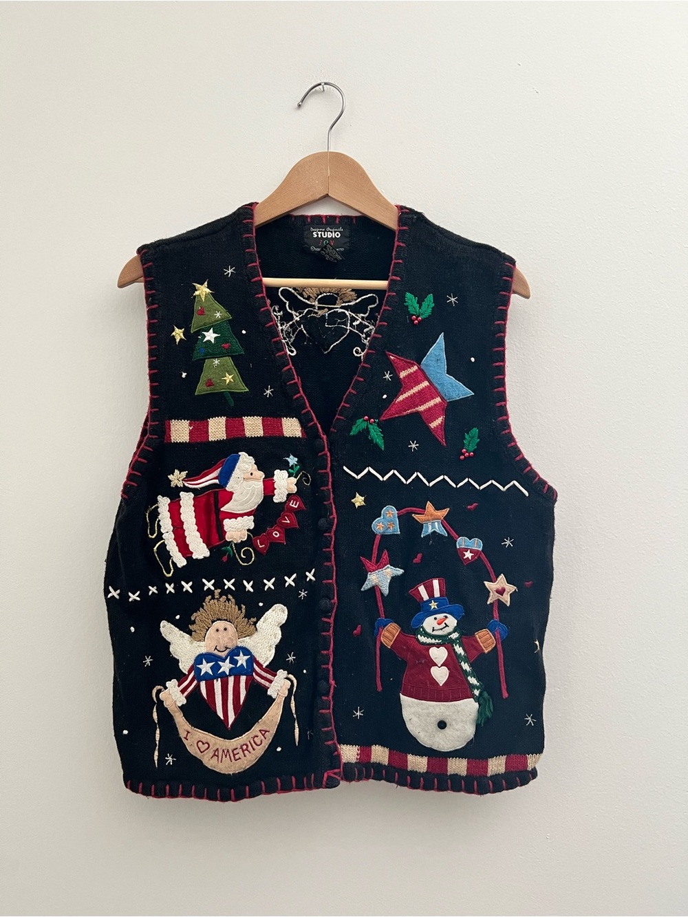 Vintage Grandma Studio Black Holiday Embroidered Vest with Festive Appliqué